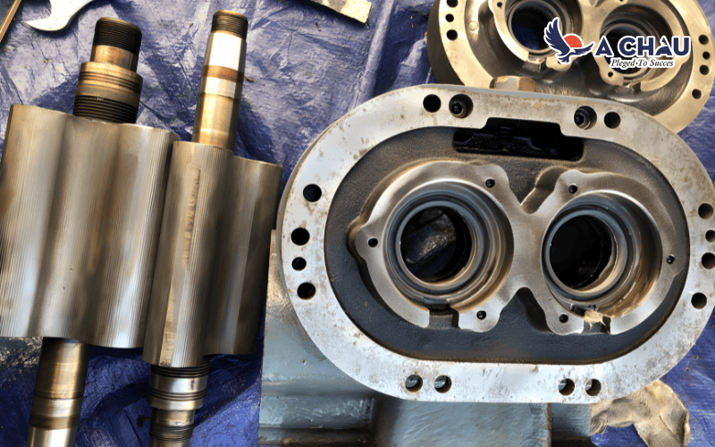 Thợ chuyên nghiệp tháo dỡ máy khi máy thổi khí bị chảy dầu